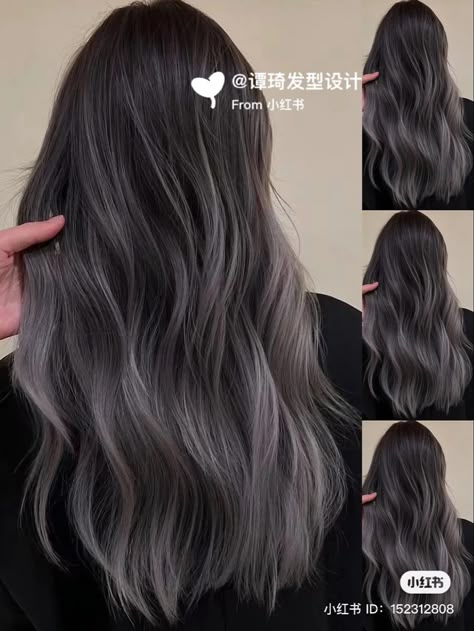 Dark Ash Gray Balayage, Ashy Purple Hair Balayage, Ash Blonde Layered Hair, Ash Grey Hair Highlights, Ash Grey Hair Balayage, Ash Purple Balayage, Dark Grey Balayage, Dark Grey Highlights, Silver Hair Balayage