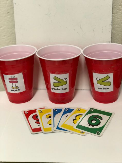 Greater than or less than game played with UNO cards. For ages 3+ Uno Math Game, Uno Math Games For Kids, Greater And Less Than Activities, Compare Numbers, Greater Than Less Than, Uno Cards, Comparing Numbers, Math Center Activities, Kindergarten Fun