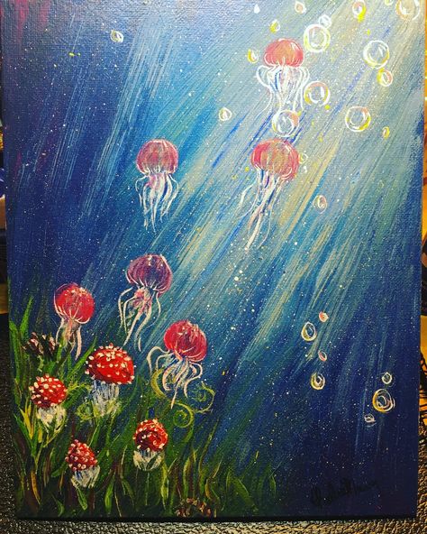 Trippy Water Painting, Jellyfish Underwater Painting, Trippy Jellyfish Painting, Trippy Underwater Art, Jellyfish Underwater Drawing, Mushroom Jellyfish Drawing, Mushroom On Canvas, Simple Acrylic Paintings Mushrooms, Acrylic Painting Ideas Mushrooms