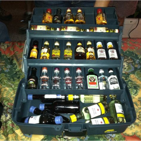 Fishing box filled with mini alcohol...lol how awesome and easy would this be for a gift for the guy you never know what to buy! :) Alcohol Accessories Gifts, Mini Bottles Of Alcohol Gifts For Men, Liquor Bottle Gift Box Ideas, Mini Bottles Of Alcohol Gifts, Mini Bottles Of Alcohol Gifts Birthday, Cute Liquor Gifts Mini Bottles, Alcohol Basket, Alcohol Gift Baskets For Men With Tackle Bixes, Alcohol Gift Baskets