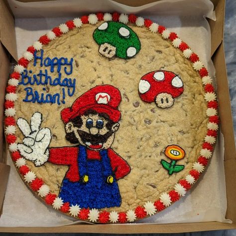 Mario Cookie Cake, Mario Cake, Super Mario Birthday Party, Cookie Cake Birthday, Cookie Cakes, Mario Birthday Party, Super Mario Birthday, Mario Birthday, Birthday Cookies