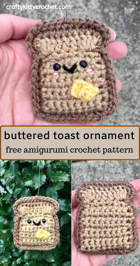 I’d like to propose a toast – no, not that kind of toast, ACTUAL toast! This kawaii buttered toast ornament is cute, unique, and easy to make! It would make a one-of-a-kind addition to any Christmas tree this holiday season. This crochet pattern is so quick that you can make a whole bunch for you and everyone on your gift list! #crochet #christmasornament #diyornament #christmascrochet #holidaycrochet #kawaii #amigurumitoast #amigurumibread #amigurumifood #crochetplayfood #amigurumiplayfood Buttered Toast, Crochet Holiday, Crochet Best, Crochet Food, Crochet Ornaments, Kawaii Crochet, Holiday Crochet, Crochet Christmas Ornaments, Christmas Crochet Patterns