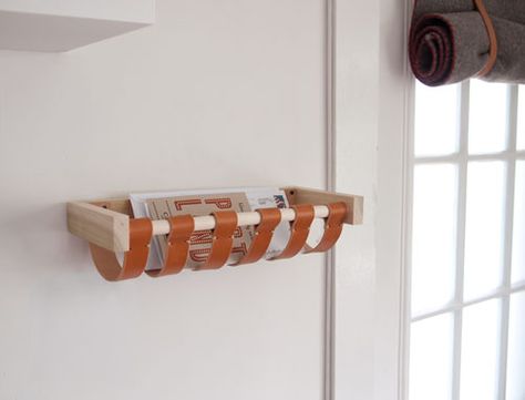 Thinking of making a mini command center on the wall space next to our fridge.  Love this idea for a mail holder.  Pretty and functional - plus easy to make! Diy Mail Organizer, Mail Basket, Diy Mail, Diy Leather Projects, Leather Craft Projects, Basket Design, Design Sponge, Leather Diy, Organizing Your Home