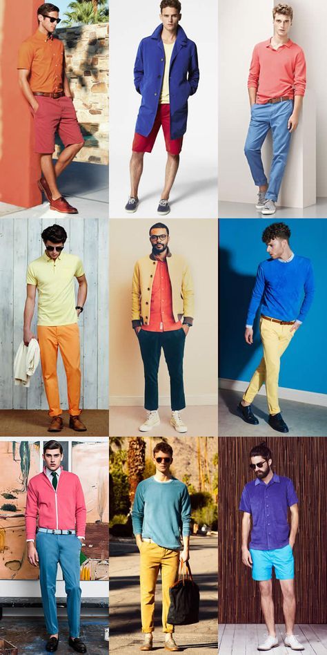 Colorful Sneakers Outfit Men, Complimentary Colors Outfits Men, Man Colorful Outfit, Men Color Blocking Outfits, Color Block Men Fashion, Colorful Business Casual Men, Bright Colour Outfit Men, Bright Mens Fashion, Colorblock Outfits Men