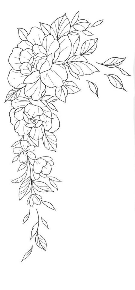 Knee Tattoo Sketch, Flower Tattoo Thick Lines, Tattoo Design Drawings Flowers, Arm Tattoos For Women Line Work, Flowers On Knee Tattoo, Crane With Flowers Tattoo, Cool Tattoo Designs Draw Sketch, Hanging Flowers Tattoo, Shoulder Cap Tattoo Stencil