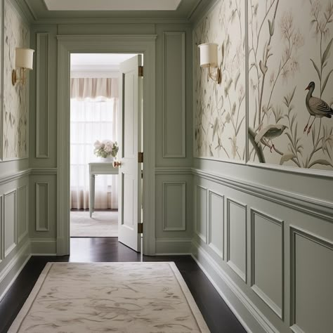 Penelope Herbert | Save money on this high-end looking renovation hack! Wainscoting is an inexpensive way to make your space look way more expensive. Suitable... | Instagram Wallpaper In Paneling, Wallpaper Moulding Framed, Wainscoting With Wallpaper, Grey Wainscoting, Wallpaper And Panelling, French Transitional Home, Frame Wainscoting, End Of Hallway, Room Decor Eclectic