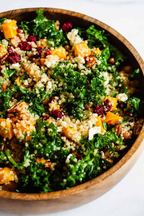 Butternut Squash Kale Salad Kale Salad Butternut Squash, Fall Salad Recipes Meal Prep, Fall Salad Quinoa, Kale Fall Salad Recipes, Roasted Acorn Squash Salad, Cozy Fall Appetizers, Fall Vegetable Side Dishes Healthy, Kale Butternut Squash Recipes, Butternut Kale Salad