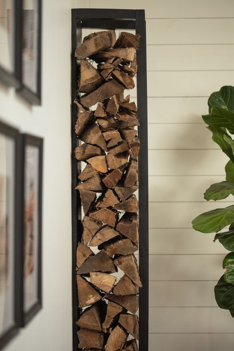 How to Build a DIY Indoor Firewood Storage Rack - Full Hearted Home Diy Fireplace Wood Holder, How To Make A Firewood Holder, Wood Storage Wall, Metal Wood Rack For Firewood, Firewood Holder Indoor Living Rooms, Decorating Around A Wood Stove, Diy Wood Holder Indoor, Indoor Wood Storage Ideas Firewood Rack, Firewood Indoor Storage