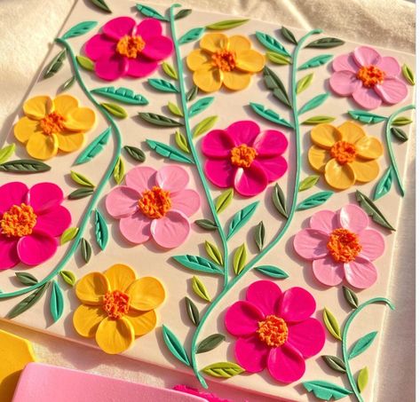 Clay Art For Wall Decor, Clay Border Design, Lippan Art Flower Design, Canvas Clay Art, Polymer Clay On Canvas, Flower Clay Art, Clay Art Ideas, Lipan Art, Painted Mirror Art