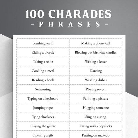 Enhance your charades game nights with our Printable Charades Phrases Set! Packed with 100 engaging action words, this instant download PDF is designed to bring endless excitement and laughter to your gatherings. Our printable set features four meticulously crafted pages, each containing 25 unique charades phrases, carefully selected to provide a wide range of entertaining actions. From simple gestures to hilarious challenges, this collection ensures hours of fun-filled gameplay for players of a Reverse Charades Word List, Funny Charades Ideas, Kids Charades, Charades Word List, Reverse Charades, 100 Expressions, Charades Ideas, Charades Words, Words Family