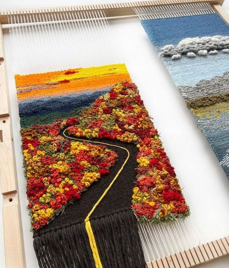 Textile Projects Ideas, Tapestry Weaving Art, Sunset Weaving, Fall Weaving, Weaving Projects Ideas, Woven Landscape, Tapestry Weaving Patterns, Tapestry Weaving Ideas, Landscape Weaving