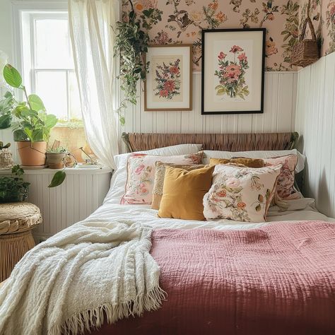 Waking up in a cottagecore dream 🌸. Florals, soft textures, and cozy cushions create the ultimate serene space for fall mornings. #CottagecoreBedroom #FallAesthetic #FloralDecor #CozyHomeInspo Grandmacore Bedroom, Cottagecore Apartment, Cottage Core Bedroom, Cozy Cushions, Cottagecore Bedroom, Cottagecore Room, Cottagecore Home, Autumn Morning, Soft Textures