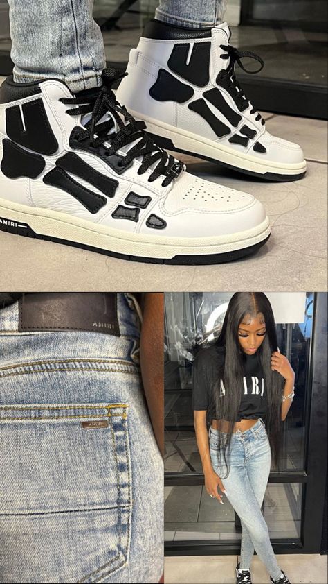 Black Amiri Shoes Outfit, Outfit With Amiri Shoes, Amiri Star Shoes Outfit, Amiri Jeans Outfit Black Women, Amiri Skeleton Shoes Outfit, Designer Sneakers Outfit Black Women, Amiri Sneakers Outfit, Amiri Outfits Black Women, Amiri Shoes Outfit Black Women