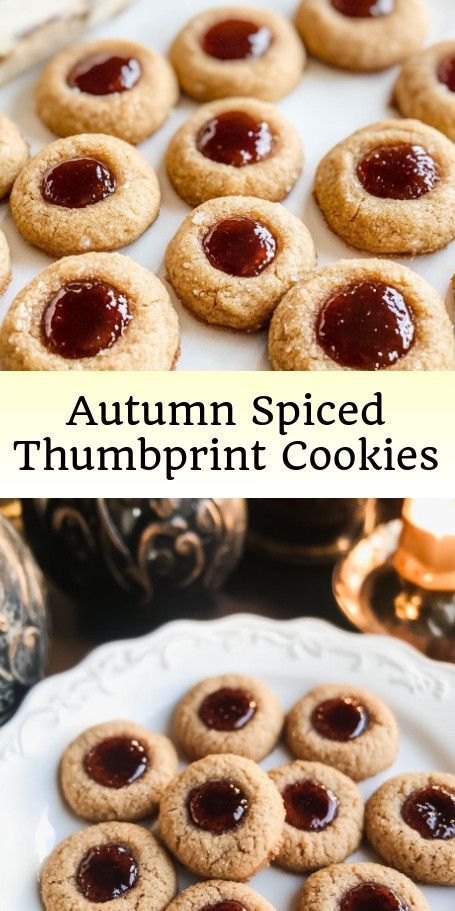 Cozy Autumn Thumbprint Cookies: A healthy and delicious treat perfect for the fall season. These spiced cookies are made with wholesome ingredients and filled with a flavorful jam center. Enjoy with a warm cup of tea for a delightful autumn snack! #HealthyBaking #FallTreats #SpicedCookies #JamFilledCookies #AutumnRecipes #CozyBaking Oatmeal Thumbprint Cookies Jam, Mushroom Thumbprint Cookies, Thanksgiving Thumbprint Cookies, Apple Butter Thumbprint Cookies, Fall Thumbprint Cookies, Pumpkin Thumbprint Cookies, Easy Fall Cookies Recipes, Autumn Biscuits, Healthy Autumn