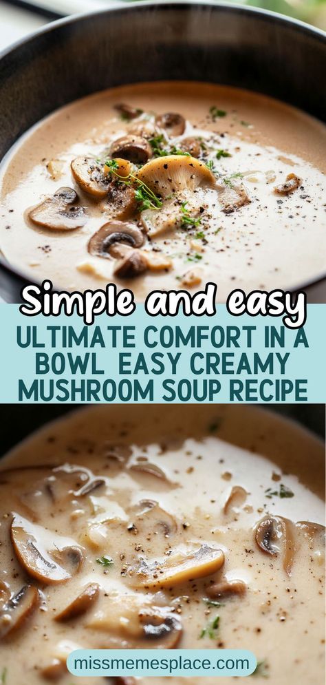 Dive into the ultimate comfort food with this easy creamy mushroom soup recipe that will warm your soul. Made from a medley of sautéed mushrooms, aromatic garlic, and rich heavy cream, this dish is perfect for chilly evenings. Whether you’re a seasoned chef or a kitchen novice, this simple recipe is adaptable to suit your taste. Add a sprinkle of fresh herbs or a dash of your favorite spices for an extra flavor kick. Perfect as a cozy meal or a delightful appetizer! Cream Of Mushroom Soup Recipes Easy, Mushroom Cream Soup Recipe, Dry Cream Of Mushroom Soup Recipes, How To Make Mushroom Soup, Mellow Mushroom Soup Copycat, Mushroom Bacon Soup, Dried Mushroom Soup Recipes, Spicy Mushroom Soup, Homemade Cream Of Mushroom Soup Recipes