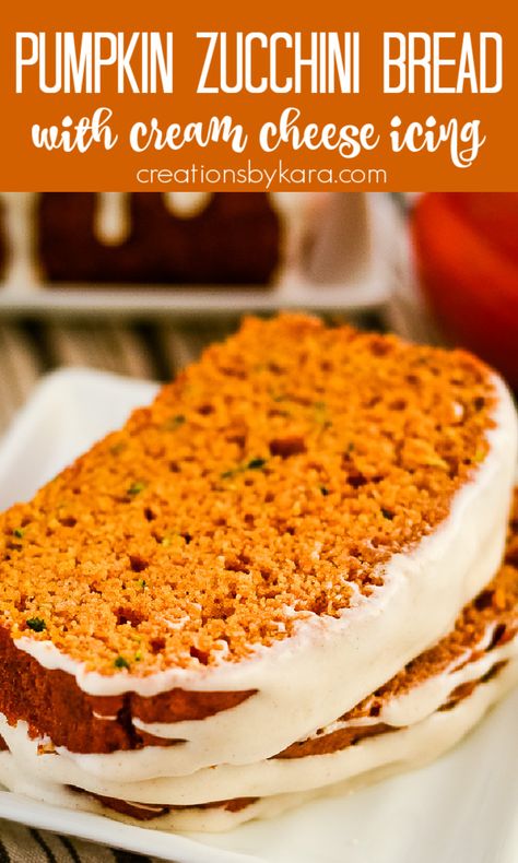 PUMPKIN ZUCCHINI BREAD - filled with warm fall spices, this sweet spiced quick bread is a perfect blend of two flavors. Cinnamon icing makes it extra tasty! #pumpkinzucchinibread #pumpkinbread #zucchinibread #cinnamon -from Creations by Kara Zucchini Cardamom Bread, Pumpkin Zucchini Bread With Cream Cheese Frosting, Pumpkin Zucchini Bundt Cake, Zucchini Bread Pumpkin, Zucchini Bread With Pumpkin, Brown Butter Zucchini Bread, Zucchini And Pumpkin Recipes, Pumpkin Spice Zucchini Bread, Zucchini Pumpkin Recipes