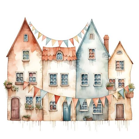 Watercolour Houses, Windows Watercolor, Funky Houses, Buildings Painting, Houses Painting, Watercolor Buildings, Watercolor Whimsical, Row Of Houses, Old Fashioned House