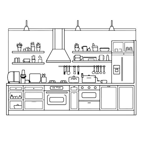 Kitchen Drawing Sketch, Line Art Coloring, Stove Kitchen, Single Line Art, Kitchen Drawing, Kitchen Stove, Vector Sketch, Single Line, Snap Quotes