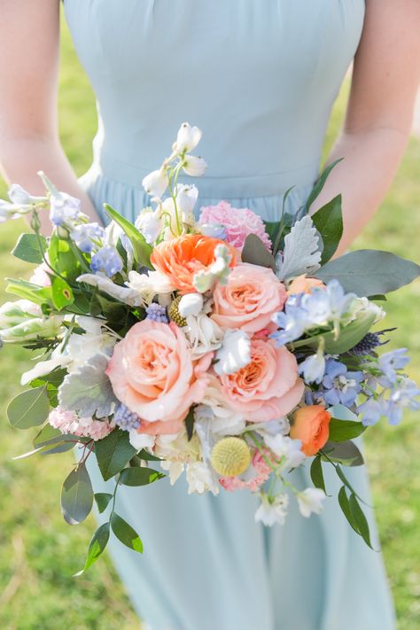 Wedding Flowers With Blue Dresses, Bridal Bouquet Ideas Spring, Summer Bouquet Flowers Wedding, Springtime Wedding Flowers, Dusty Blue And Peach Wedding Flowers, White And Pastel Bouquet, Coral And Blue Wedding Flowers, Simple Spring Wedding Flowers, Pink Peach Blue Wedding Flowers