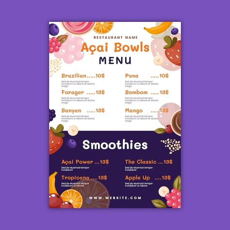 Free vector hand drawn acai menu templat... | Free Vector #Freepik #freevector #main-menu #food-flat #beverage-menu #acai Acai Branding, Acai Bar, Acai Benefits, Free Menu Templates, Smoothie Menu, Menu Food, Restaurant Names, Main Menu, Bar Ideas