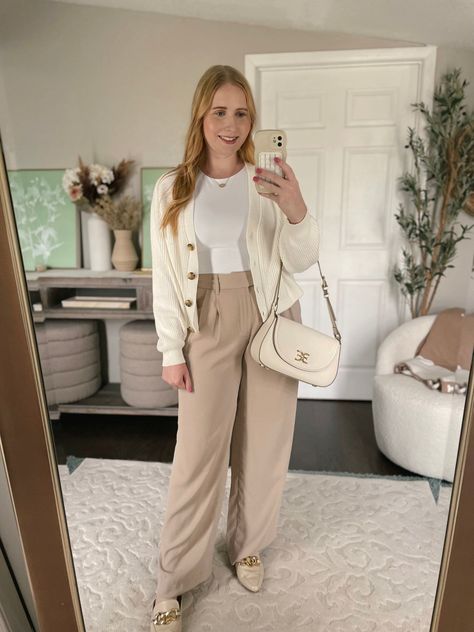 White Pants With Cardigan Outfit, White Cardigan Outfit Work, Beige Cardigan Outfit, White Cardigan Outfit, Teacher Outfit Ideas, Neutral Trousers, Style Influencers, Satin Slip Skirt, Teacher Outfits Fall