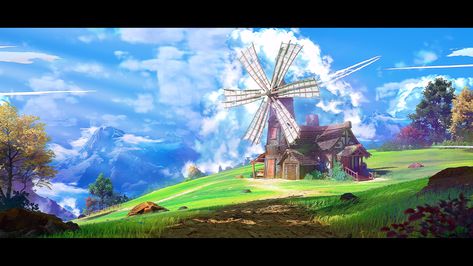 ArtStation - Windmill Fantasy Windmill, Ghibli Background, Windmill Art, Shinra Kusakabe, Studio Ghibli Background, D D Character Ideas, Mood Images, Alien Concept, Alien Concept Art