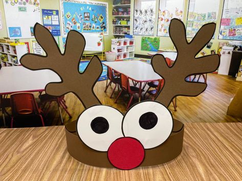 Reindeer Hats For Preschool, Raindeer Crafts Hats, Rudolph Headband Craft, Reindeer Hat Template Free Printable, Christmas Headband Craft For Kids, Christmas Hat Craft Preschool, Reindeer Headband Template, Card Stock Christmas Crafts, Santa Cap Craft