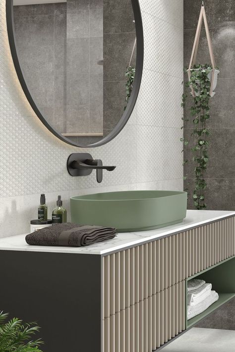 Bathroom Styling Ideas, Traditional Bathroom Tile, Large Bathroom Sink, Dark Green Bathrooms, Dark Bathroom Ideas, Fluted Wall, Bathroom Sink Units, Laundry Room Tile, Wall Hung Sink