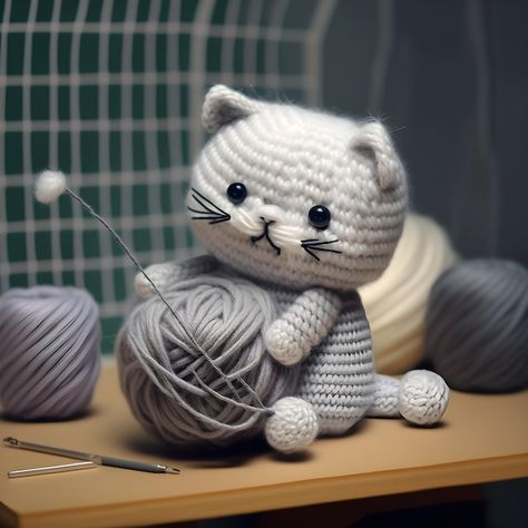 Grey cat yarn amigurumi | Premium Photo #Freepik #photo #amigurumi #knitting-needles #crochet #knitting-wool Amigurumi Knitting, Grey Crochet, Grey Cat, Knitting Wool, Crochet Knitting, Cat Pin, All About Cats, Knitting Needles, Pin Collection