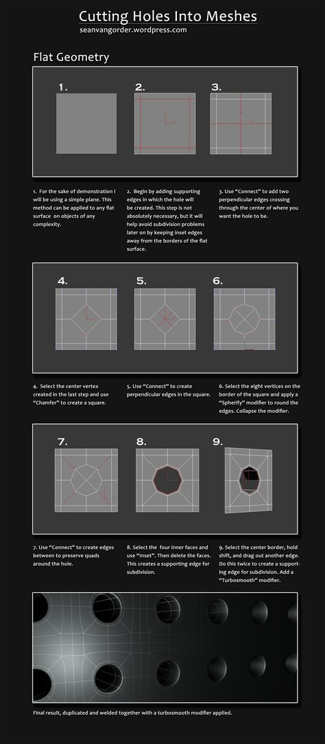 Adding a circle hole to geometry? - Polycount Forum 3d Max Tutorial, Maya Modeling, Modelling Tips, 3ds Max Tutorials, Polygon Modeling, Zbrush Tutorial, Hard Surface Modeling, Cinema 4d Tutorial, 3d Modeling Tutorial