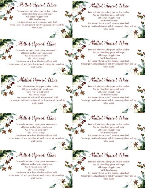 Printable gift mulling spices label Mulling Spices Gift, Mulled Wine Gift, Mulled Cider Recipe, Mulled Wine Spices, Book Club Food, Gift In A Jar, Wine Gift Tags, Mulled Wine Recipe, Spiced Drinks