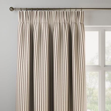 * Selection of header types available * Made to your individual measurements * Timeless striped design * Made from 100% cotton * Available in a choice of colourways * Coordinating items available to purchase separately These Made to Measure curtains boast a selection of header types tailored to your preferences. Indulge in the luxury of customisation as each curtain is expertly made to your individual measurements, ensuring a perfect fit for your windows. The timeless striped design adds a touch Matilda Goad Curtains, Linen Pleated Curtains, Curtain Rail Ideas, Beige Curtains Bedroom, Stripes Curtains, Modern Curtains Bedroom, Ticking Curtains, Hallway Curtains, Short Curtains Bedroom