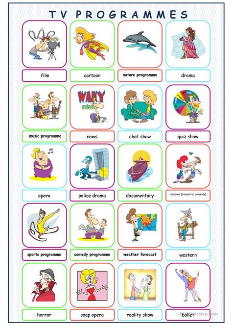 TV Programmes Picture Dictionary - English ESL Worksheets for distance learning and physical classrooms Middle School Esl, English Street, Reading Comprehension Kindergarten, English Projects, Pub Quiz, Picture Dictionary, Vocabulary Practice, English Activities, Grammar Lessons