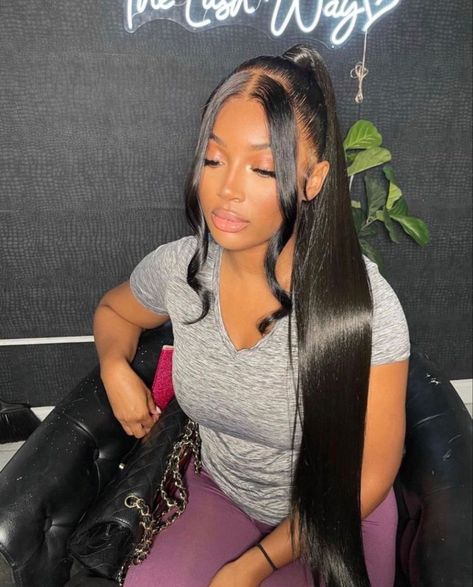 Ponytail Two Bangs, Mid Ponytail Hairstyles, Mid Ponytail Hairstyles Black Women, Hairstyles Cheer, Ponytail Ideas For Black Women, Pony Tailed Hairstyle, Mid Ponytail, Cute Ponytail Styles, Prom Ponytail Hairstyles