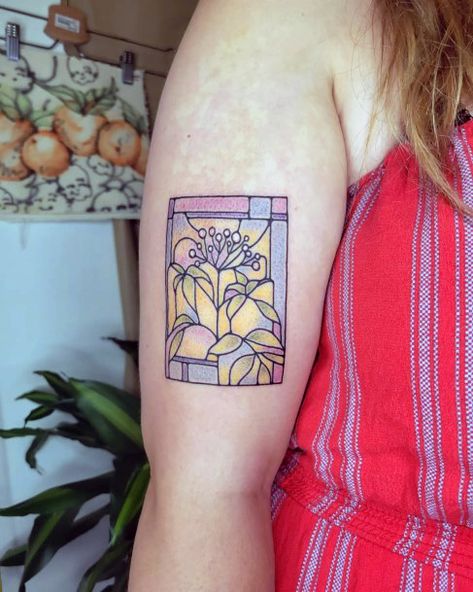 Stained Glass Flower Tattoo, Stainglass Tattoos, Stained Glass Tattoo Ideas, Stained Glass Window Tattoo, Rectangle Tattoo, Mosaic Tattoo, Tattoos 2024, Stained Glass Tattoo, Glass Tattoo