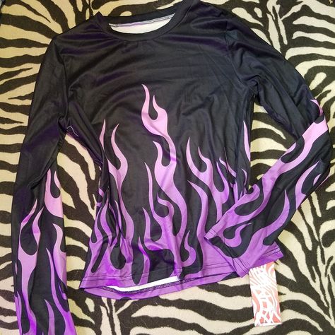 I Got This And I Really Like It So I Kept It But Honestly It's A Big Young For Me (I Cannot Believe I Just Said That Xd) Silky Underarmer, Bathing Suit Stretchy Type Feeling Material With Beautiful Purple Gradient Flames Up The Body And Sleeves Emo, Scene, Scenemo, Scenecore, Myspace Scene, Punk, Alternative, Alt, Pastel, Creepy, Eerie, Spooky, Halloween, Occult, Goth, Gothic, Weird, Kawaii, E-Girl, Cyberpunk Pastel Goth T Shirt, Scene Kid Clothes, Scenecore Fashion, Glow In The Dark Clothes, Purple Grunge Outfits, Myspace Scene, Scenecore Clothes, Scene Girl Outfits, Purple Punk