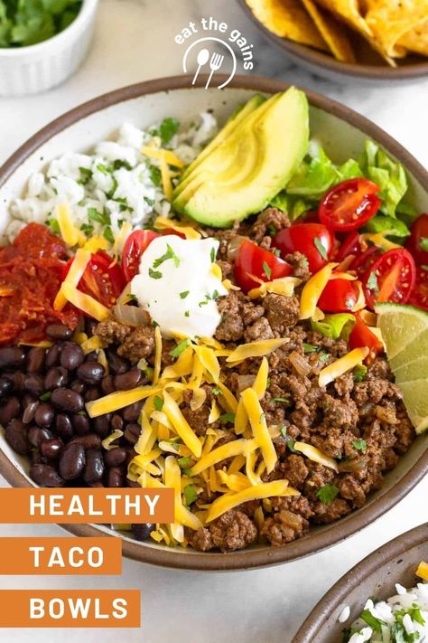 A quick and easy dinner, these taco bowls never disappoint. Made with ground beef taco meat, cilantro lime rice, black beans, and all your favorite taco fixings, they are packed with protein and fiber and are so delicious! Gluten-free and easily made dairy-free.