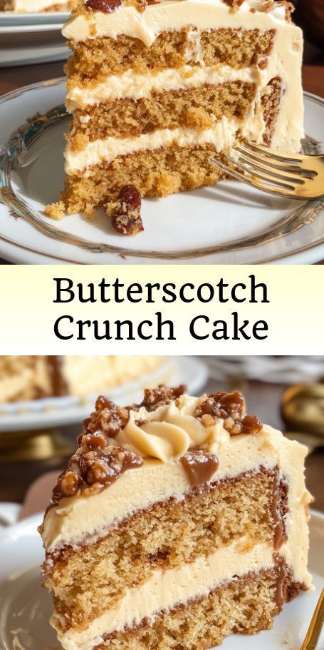 "Indulge in Butterscotch Bliss with this Crunch Cake Recipe! Perfect for any gathering, this moist cake with butterscotch frosting and a crunchy topping will leave your guests wanting more. #ButterscotchCake #DessertLovers #BakingFun" Butterscotch Frosting, Crunch Cake Recipe, Butterscotch Desserts, Butterscotch Recipes, Butterscotch Pie, Sugar Mama, Butterscotch Cake, Layered Cakes, Crunch Cake