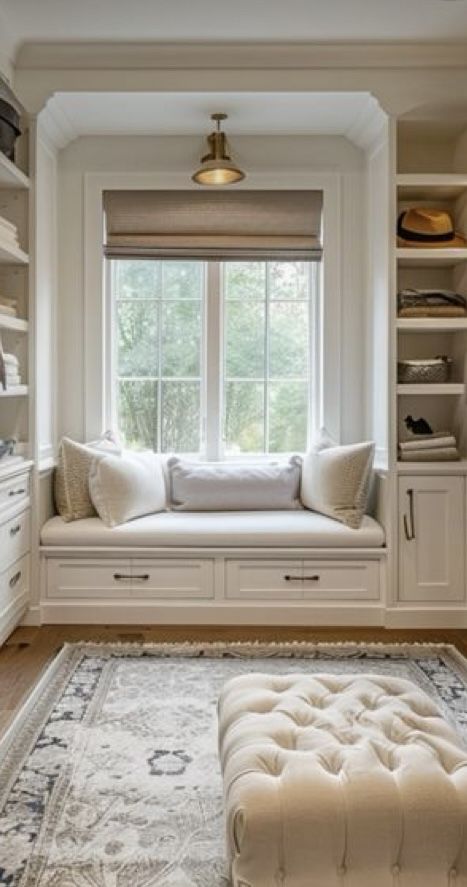 Window Seat With Shelves On One Side, Window Seat With Radiator Behind, Sitting Area Under Window, Coastal Window Seat, Built Ins Around Small Window, Landing Window Seat, Window Seat Lighting, Farmhouse Window Seat Ideas, Built In Shelves Bedroom Window