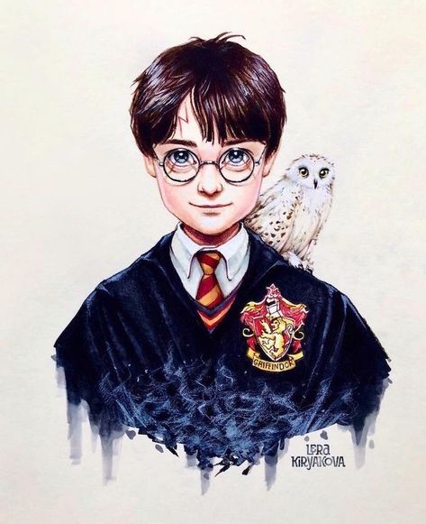 colored drawing, harry wearing gryffindor robes, harry potter cartoon images, hedwig on his shoulder Fanart Harry Potter, Harry Potter Sketch, Harry Potter Colors, Art Harry Potter, Harry Potter Art Drawings, Cute Harry Potter, Harry Potter Halloween, Harry Potter Artwork, Images Harry Potter