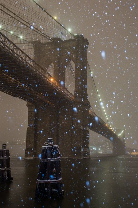 New York during the snow is transformed into something even more magical and amazing than it already is. Here snowflakes are frozen in front of the Brooklyn Bridge during a winter snow.  This is one image in a series I am creating that captures every aspect of New York City through various urban scenes and night shots. From classic skylines, to famous landmarks and local neighborhood details, my goal is to capture every different aspect and angle of NYC. This image is available in rectangular format (8 by 12, 12 by 18, 16 by 24, 20 by 30) as well as the standard (8 by 10, 11 by 14 and 16 by 20) sizes. Please be aware there may be a difference in the crop depending on which size is ordered.  To view other New York City Photography visit this section - https://www.etsy.com/shop/MatthewChimer Natal, Winter At Night, New York Snow, New York City Photography, Nyc Winter, Nyc Christmas, New York Life, Winter Wallpaper, Winter Scenery