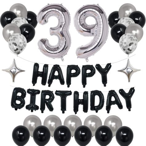 PRICES MAY VARY. ►WHAT OUR KIT INCLUDES◄: This mysterious 39th happy birthday balloons decor package includes ‘HAPPY BIRTHDAY’ banner*1 set, number 39 foil balloons*2, star foil balloons*2, black latex balloons *12, silver latex balloons *10, silver confetti balloons*4, which will meet all your needs ►CRAFTED FOR MINIMALIST BIRTHDAY PARTY◄: Ultimate minimalist style 39th birthday decorations are crafted for boys girls men women him her friends family; number 39 silver foil balloons are perfect f Black Silver Birthday Party, Silver Birthday Party Decorations, Black Silver Birthday, 29th Birthday Decorations, Birthday Party Decorations For Men, 23rd Birthday Decorations, Silver Birthday Party, Black Happy Birthday, Happy 39 Birthday