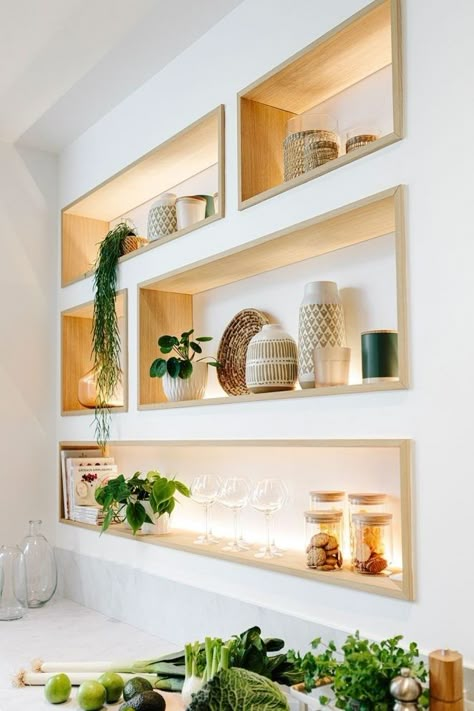 Wood Trim Walls, Niche Shelves, Niche Decor, Wall Niche, Wall Shelves Design, Interior Wall Design, Shelf Design, Living Design, 인테리어 디자인