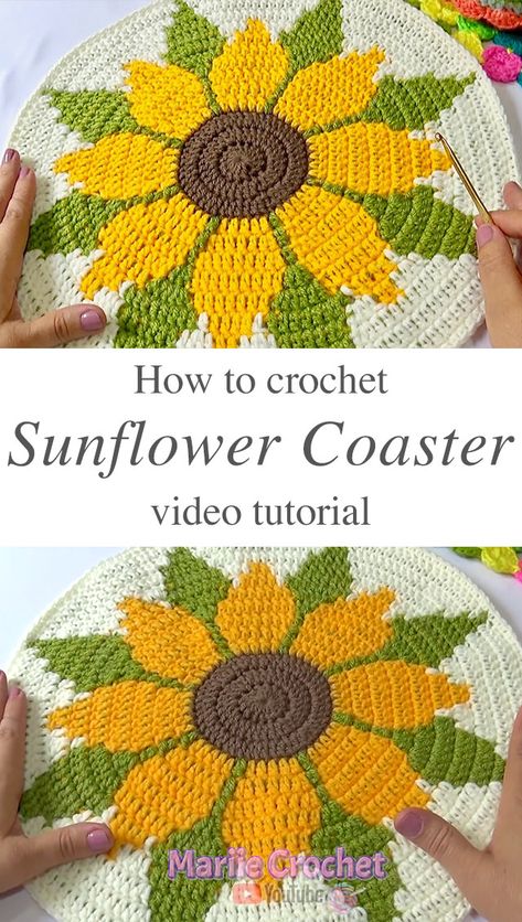 Crochet Sunflower Coaster You Can Make Easily - CrochetBeja Crochet Sunflower Coaster, Sunflower Coaster, Crochet Placemats, 4mm Crochet Hook, Confection Au Crochet, Crochet Coaster Pattern, Crochet Sunflower, Crochet Doily Patterns, Crochet Diy