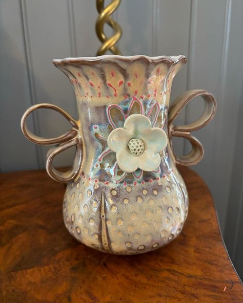 Sweet little vase with some carved dots and wing handles 🦋 First sale of the holiday season coming up in a couple weeks- Beaverton High School Bazaar with mi amiga @progeny.pdx #pdxart #pdxceramics #pdxpottery #pdxceramicist #colorfuldecor #colorfulceramics #eclecticdecor #maximalism #sliptrailing #shoplocal #ceramics #pottery #cottagecore #tweeart #cuteceramics #contemporaryceramics #alteredpottery #putafloweronit #vase Pottery Cottagecore, Colorful Ceramics, Ceramics Pottery, Maximalism, Contemporary Ceramics, Eclectic Decor, Colorful Decor, The Holiday, Holiday Season