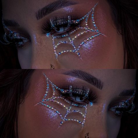 halloween makeup • Instagram Halloween Makeup Looks With Rhinestones, Rhinestone Halloween Makeup Looks, Halloween Makeup Rhinestones, Rhinestone Halloween Makeup, Bejeweled Halloween Makeup, Spider Web Rhinestone Makeup, Glitter Halloween Makeup, Spiderman Makeup, Rhinestone Halloween