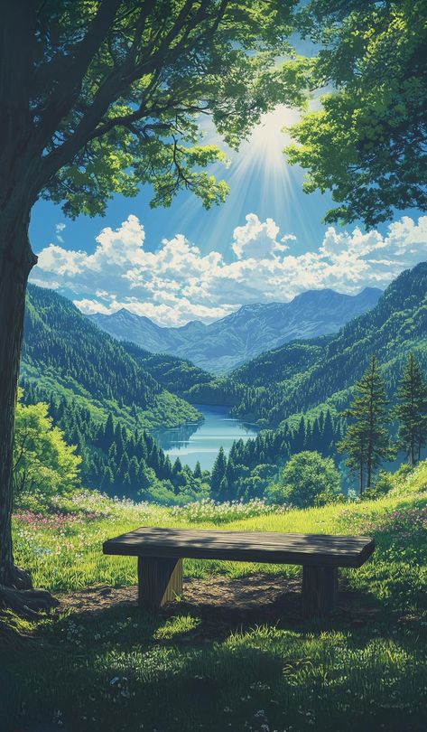 Distant Mountains, Dreamy Landscapes, Large Tree, Art Gallery Wallpaper, Green Valley, Beautiful Locations Nature, Cool Wallpapers Art, Beautiful Landscape Wallpaper, Fantasy Art Landscapes