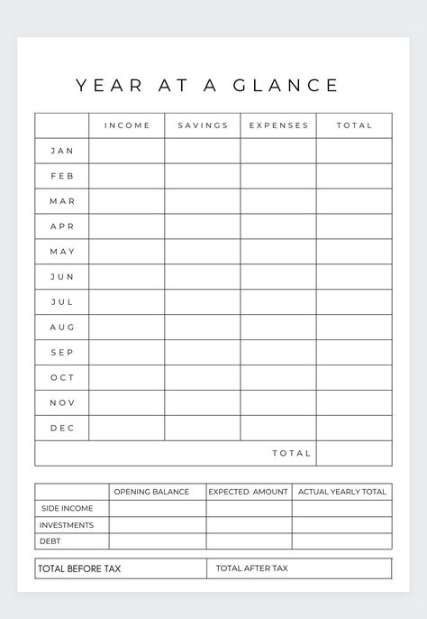 This Annual Year at glance is perfect for those who enjoy evaluating there spending , money and Budget for the past year. It allows you to add to track how much income you receive, the savings you make, expenses paid and the month total. This is perfect for tax keeping or book keeping or general financial health. It will allow you to see the big spend months, watch your savings grow and see how much you  spend on the expenses to live on.  Budget Tracker, Budget Planner,Budgeting tool, Annual Budget, Finance Tracker, Financial planning, Year at a glance,Finance Tracker,Annual Finance Planner,Yearly Income Tracker,Annual income Tracker,Income planner,Financial Diary Year Budget Plan, Finances Tracker, Yearly Budget, Annual Planning Template, Income Planner, Yearly Budget Template, Yearly Budget Planner, Financial Journal, Yearly Expenses