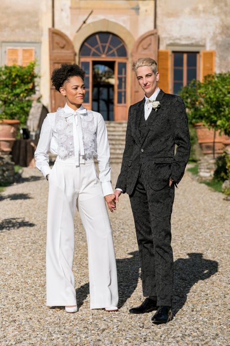 "Queer Romance" Led This Tuscan Autumnal Wedding's Aesthetic - Over The Moon Queer Weddings Outfit, Gender Neutral Black Tie Outfit, Gender Fluid Wedding Attire, Masc Wedding Dress, Queer Cocktail Attire, Queer Wedding Suit, Butch Wedding Attire, Androgynous Wedding Dress, Masc Wedding Outfits Bride