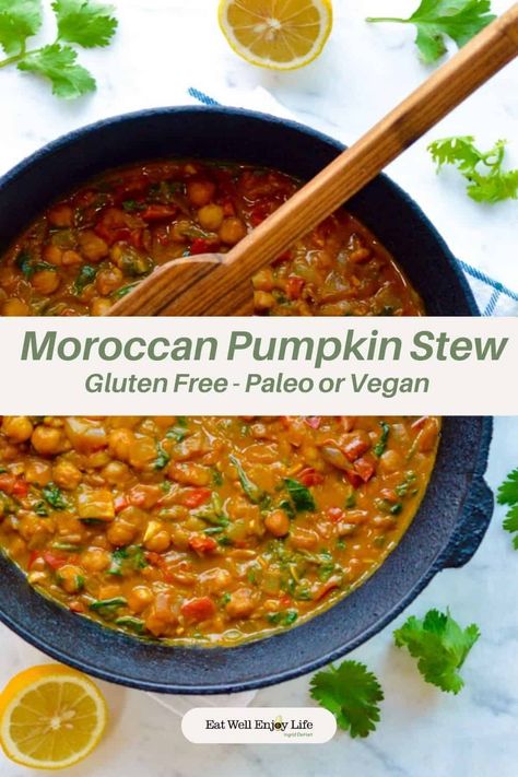 Moroccan Pumpkin Stew is one of my favorite Fall comfort foods. As the weather gets colder this warm stew filled with amazing sweet and spicy aromas will tantalize your taste buds and give you a sense of well-being. It can be made vegan or paleo. Pumpkin Soup Spicy, Pumpkin Stew Recipes, Moroccan Stew, Pumpkin Stew, Comfort Recipes, Pumpkin Curry, Fall Comfort Food, Pumpkin Treat, Vegan Soups